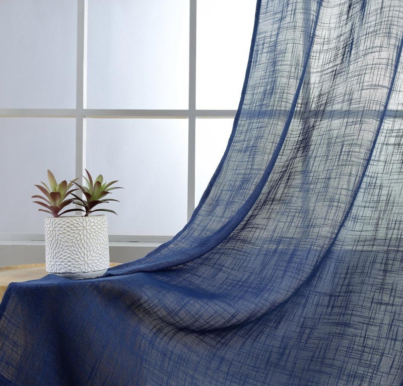 MIUCO Semi Sheer Curtains Poly Linen Textured Solid Grommet Curtains 63 Inches Long for Bedroom 2 Panels (2 x 37 Wide x 63" Long) Navy Blue - Image 3